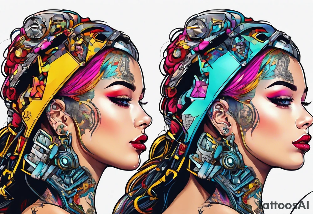 pop art cyborg girl full head not cropped tattoo idea