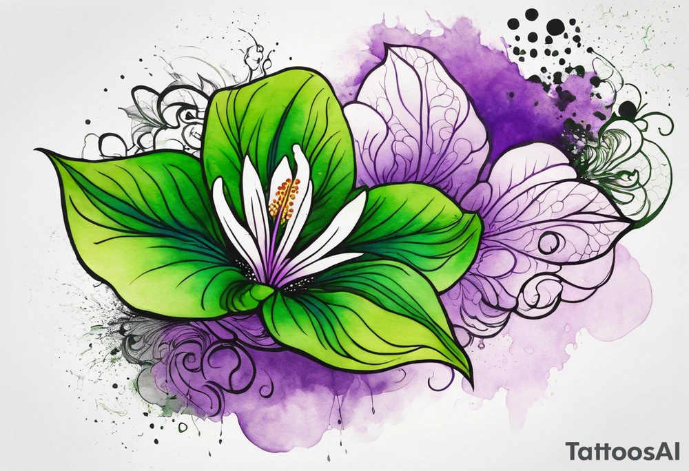 A mystical outline of a green and purple rio dipladenia flower and a green and purple watercolor splash in the background tattoo idea