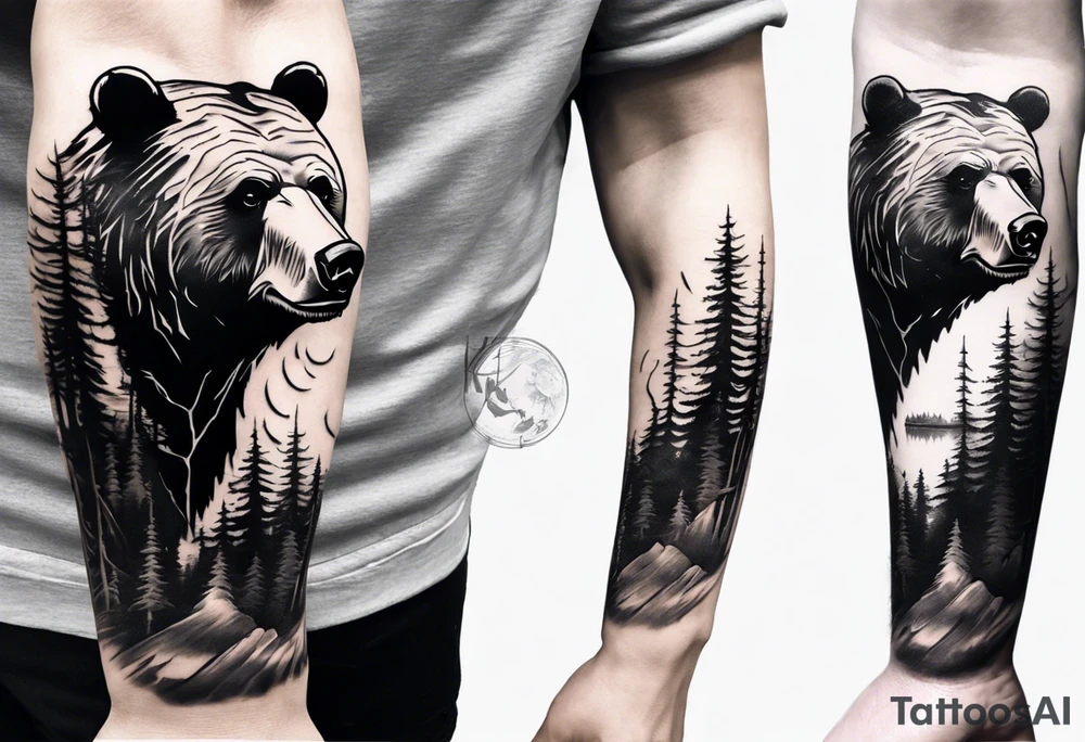 bear head right above the forest line with a lake below, full arm sleeve tattoo tattoo idea