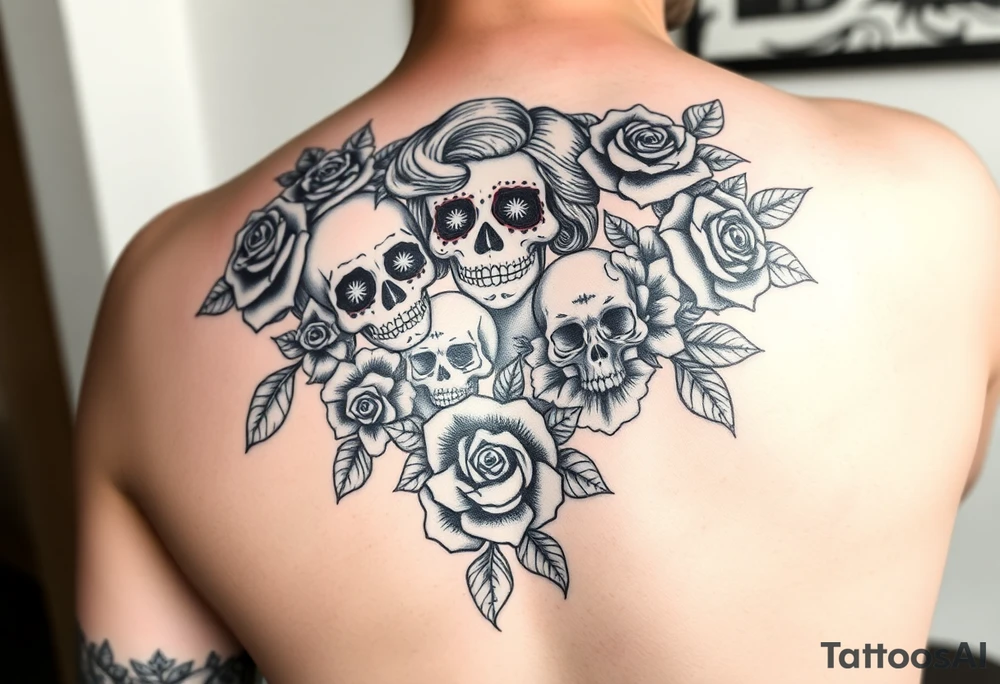 Arm sleeve with day of the dead marlyin Monroe Louie vution signs everywhere roses skulls dead dolls tattoo idea