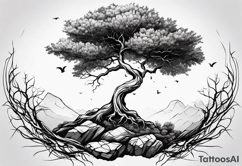 Tree growing out of stone with roots creating cracks tattoo idea