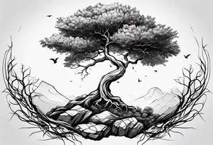 Tree growing out of stone with roots creating cracks tattoo idea