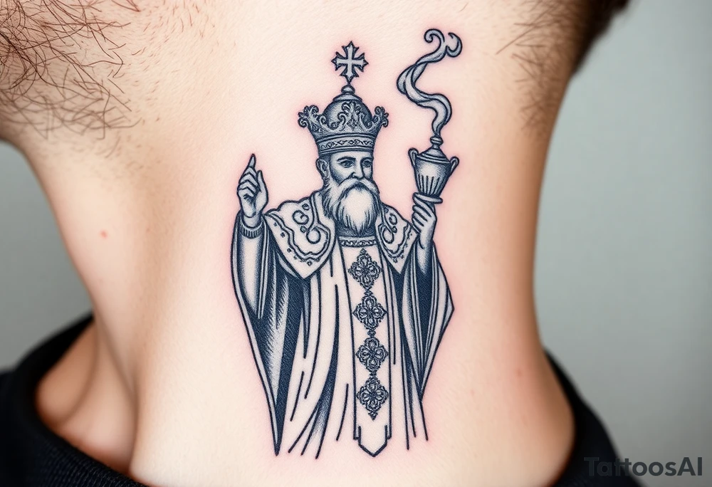 Russian Orthodox Priest in a fully detailed gold vestment swinging a censer with smoke curling upward tattoo idea