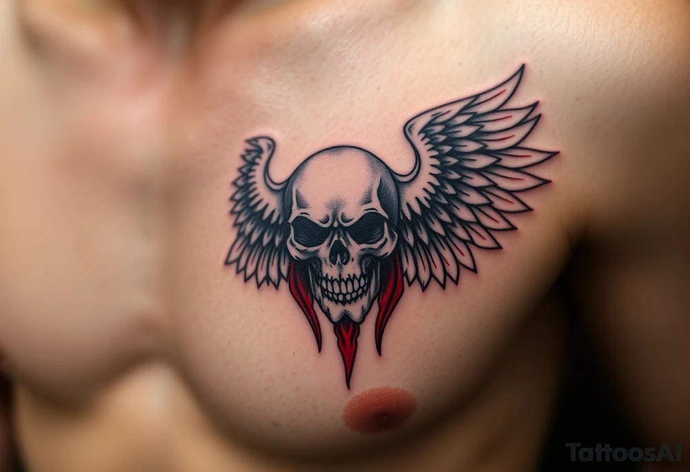 Angel skull black and red on left chest male tattoo idea