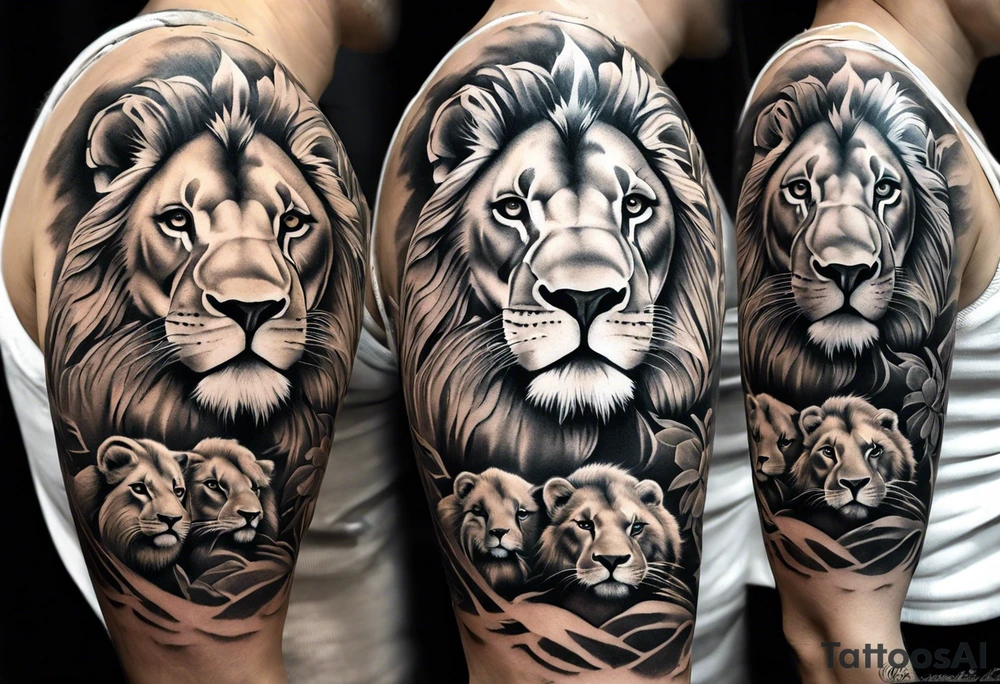 Full sleeve tattoo depicting a large lion protecting his lioness and 6 lion cubs. Background should depict a safari scene tattoo idea