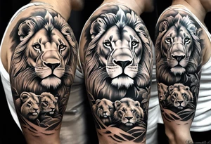 Full sleeve tattoo depicting a large lion protecting his lioness and 6 lion cubs. Background should depict a safari scene tattoo idea