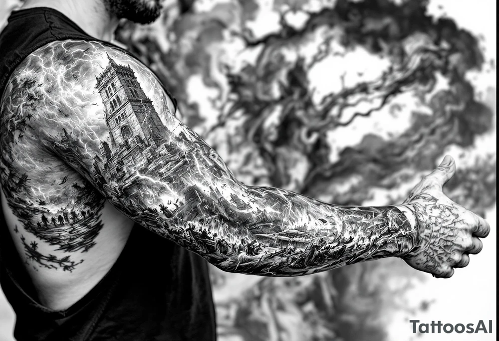 this will be a right arm sleeve.

A crumbling tower struck by lightning, with people scattering in chaos.
Fire raining down from heaven on a burning city, with smoke rising.
A blazing altar with fire falling from heaven
 Floodwaters overtaking the earth, with an ark in the distance. tattoo idea