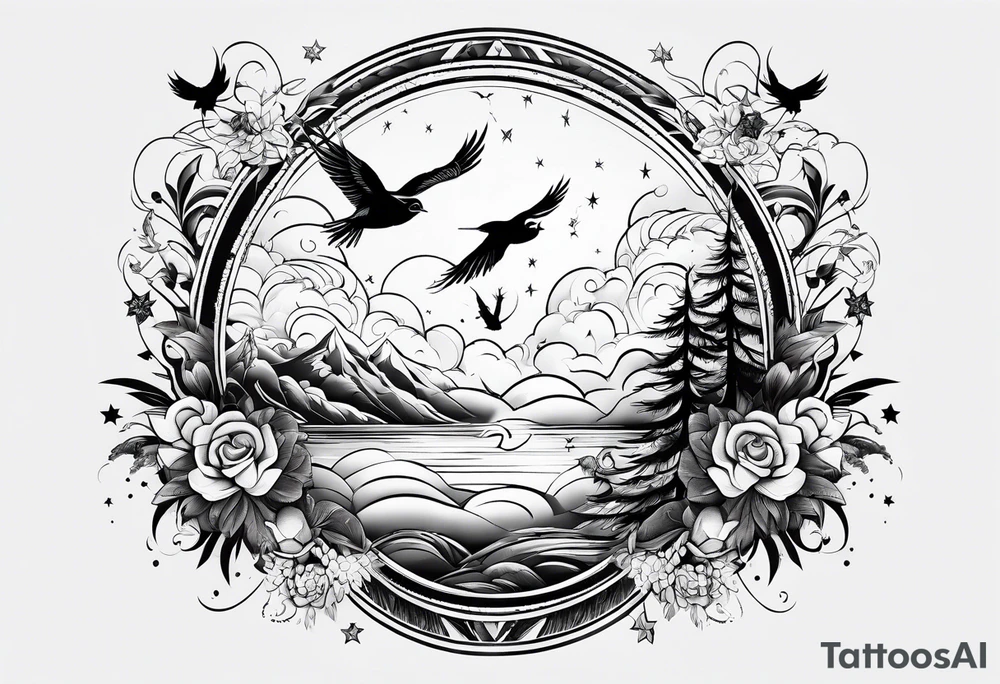 stars, clouds, birds tattoo idea