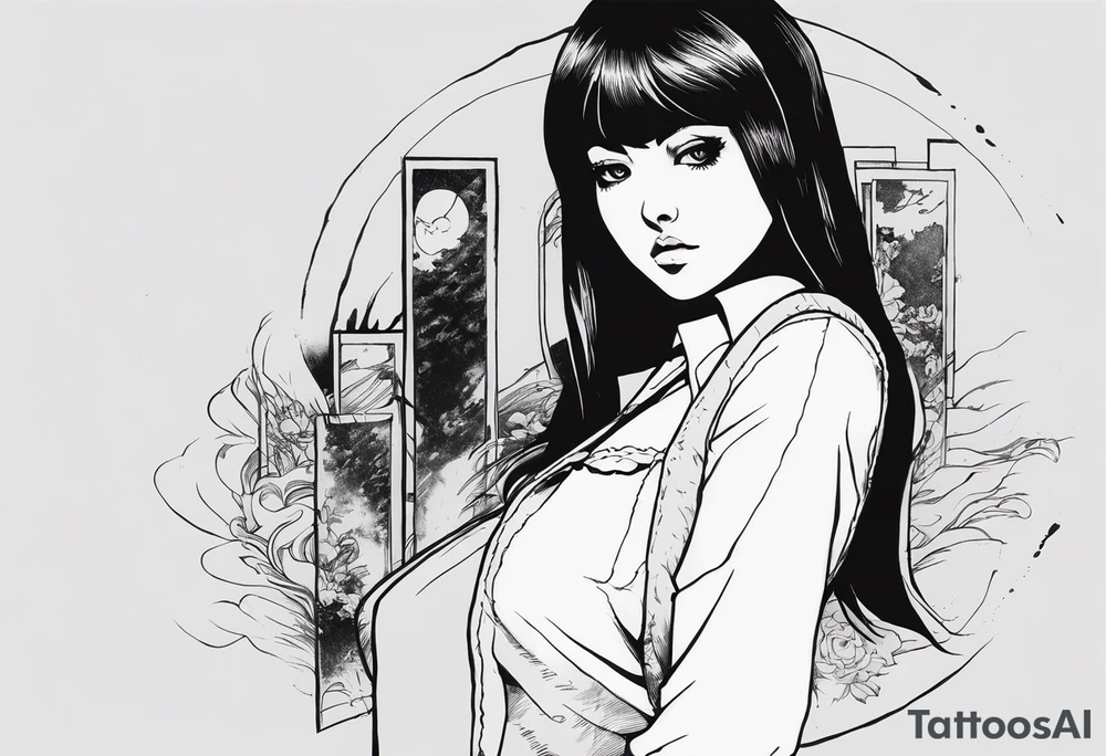 portrait of tomie standing up a character by the horror manga author junji ito full body standing murderously. add more horror and gore elements tattoo idea