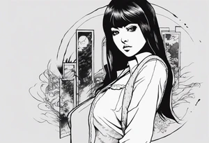 portrait of tomie standing up a character by the horror manga author junji ito full body standing murderously. add more horror and gore elements tattoo idea