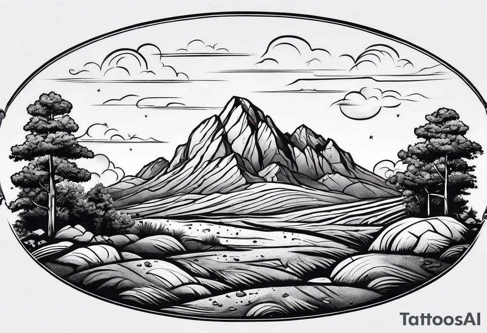 Create a tattoo of a flat topped rock Ebenezer with a base under the ground line that is pointed and deep, surrounded by freshly tilled and raked soil ready to be planted tattoo idea