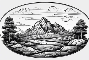 Create a tattoo of a flat topped rock Ebenezer with a base under the ground line that is pointed and deep, surrounded by freshly tilled and raked soil ready to be planted tattoo idea