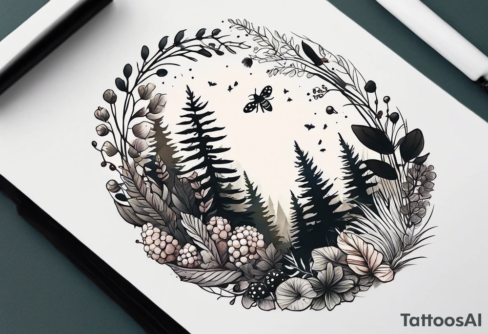 forest floor inspired minimalist tattoo, which includes grass, curly ferns, moss and dead leaves as the bulk of the tattoo. details to include: forest berries, a tiny bumblebee flying nearby, three small brown mushrooms
Generate a vertically long one tattoo idea