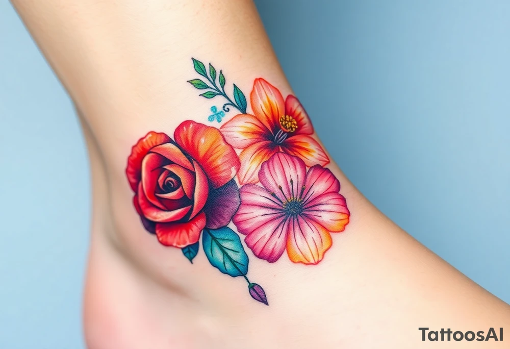 a vibrant, watercolor tattoo with one rose, one lily, one marigold, and one cosmos flower tattoo idea