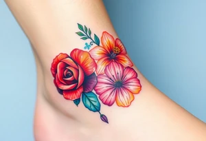 a vibrant, watercolor tattoo with one rose, one lily, one marigold, and one cosmos flower tattoo idea