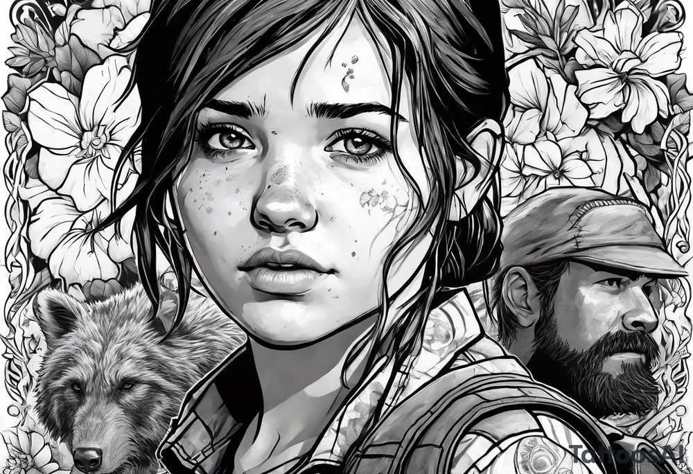 Ellie from the game series The Last of Us, including her tattoo and infected clickers tattoo idea