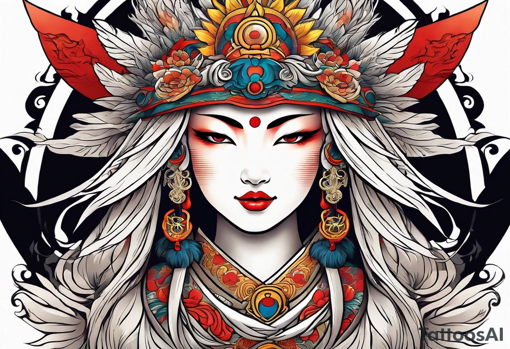 Japanese sun goddess Amaterasu with headdress tattoo idea