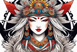 Japanese sun goddess Amaterasu with headdress tattoo idea