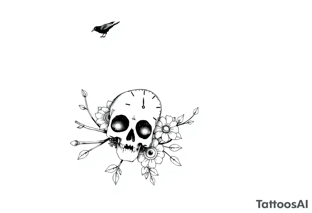 raven looking over its shoulder on a branch skull and clock and flower tattoo idea