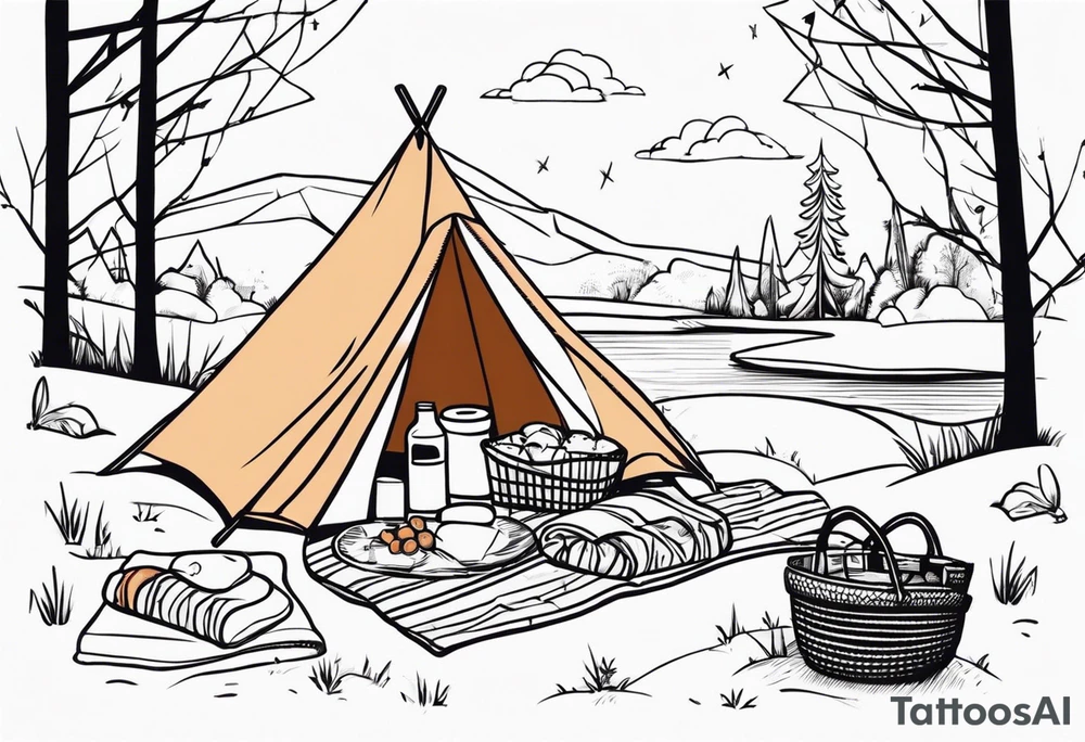 picnic scene in nature with a blanket, a basket, a backpack and party pennants. Thin lines. tattoo idea