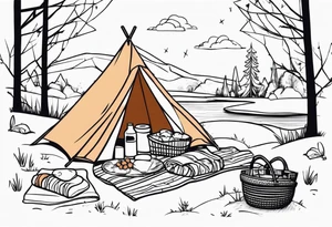 picnic scene in nature with a blanket, a basket, a backpack and party pennants. Thin lines. tattoo idea