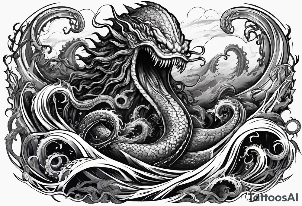 Kraken tentacles grabbing Poseidon thrusting trident into monster deep ocean stormy tattoo idea
