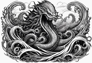 Kraken tentacles grabbing Poseidon thrusting trident into monster deep ocean stormy tattoo idea