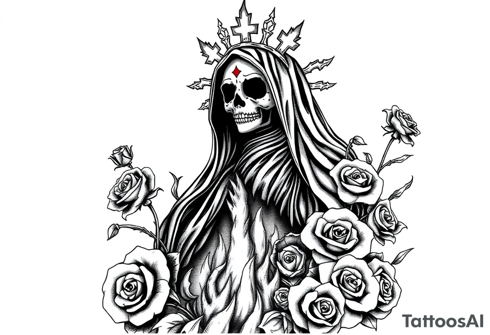 Powerful and evil Santa muerte rising from the flames and ashes of hell, surrounded by unclaimed souls and roses tattoo idea