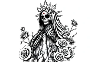 Powerful and evil Santa muerte rising from the flames and ashes of hell, surrounded by unclaimed souls and roses tattoo idea
