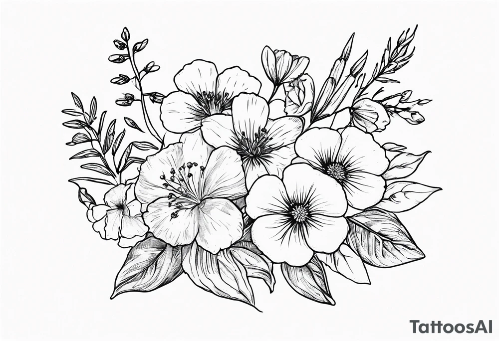 Small, fine line Birth flower bouquet with violets, larkspur, aster, morning glory tattoo idea