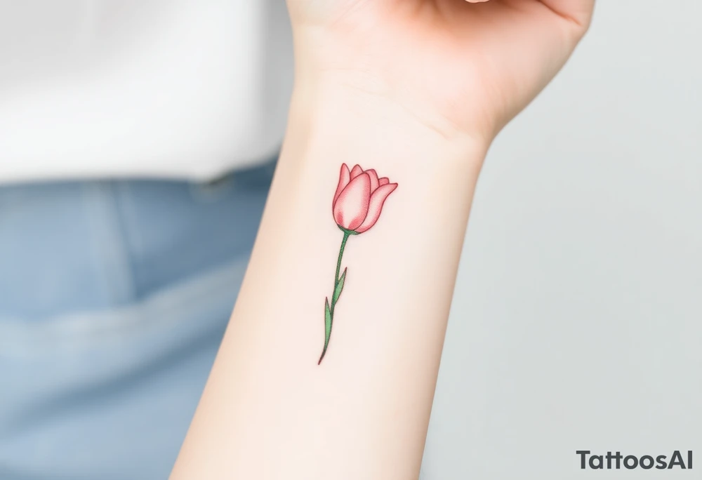 A simple tulip tattoo idea could be a single, delicate tulip stem with clean, minimal lines. The tulip’s petals are soft and slightly curved, drawn in a light pastel color, like pink or peach, symbolizing love and elegance. The stem is thin and graceful, with a subtle green hue. A gentle shadow under the petals adds depth without complicating the design. This tattoo would work well on the wrist, ankle, or behind the ear for a subtle, feminine look. tattoo idea