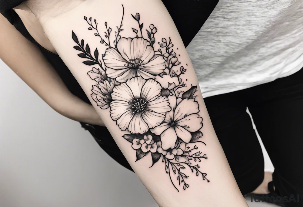 elbow to foearm twist of flowers . carnations, lily of the valley, larkspur, cosmos, holly, and chrysanthemum tattoo idea
