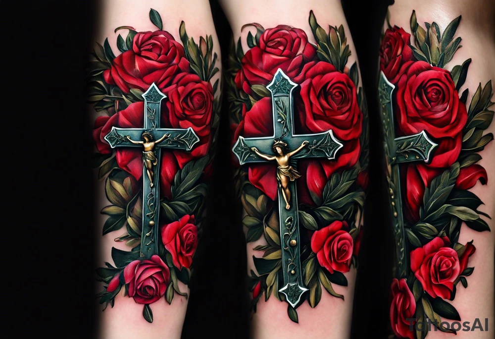 this ins meant to be a collage style that will cover the forearm from the wrist to elbow. Give me an olive branch on wirst at bottom shaped like a manura lamp. A cross above that with smallers olive and rose branches and roses arount it with a crown above the cross on bothe sides small hebrew letters that say king of glory and the other says yeshua messiah in hebrew . Not too many roses. Only black and white tattoo idea