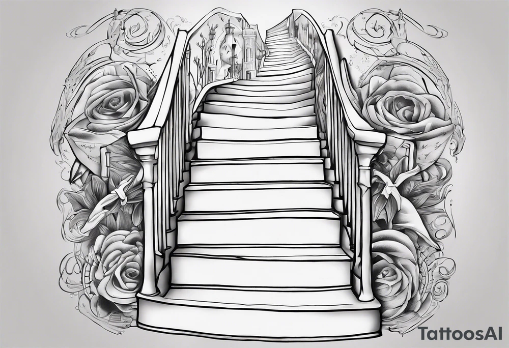 “walk by faith, not by sight” stairwell wrapping around the quote. This design captures the essence of the journey guided by faith. tattoo idea