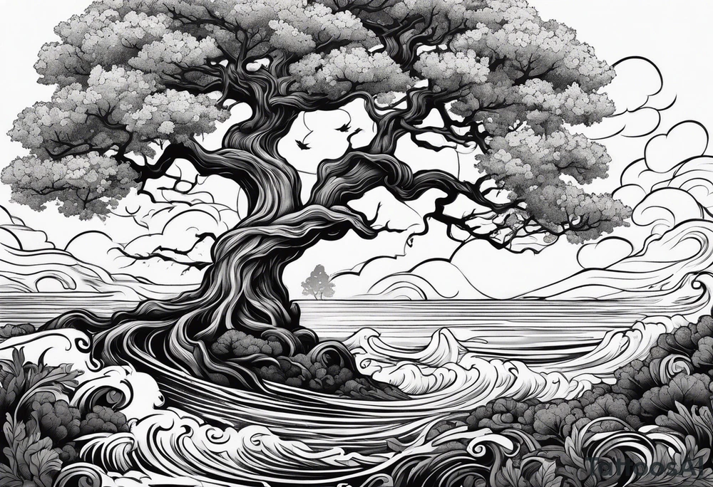 oak tree with phoenix  and roots growing around calming waves for forearm tattoo idea