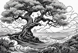 oak tree with phoenix  and roots growing around calming waves for forearm tattoo idea