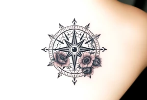 zodiac symbols the elements and Norse runes within ornate compass with roses lilly sunflowers tattoo idea