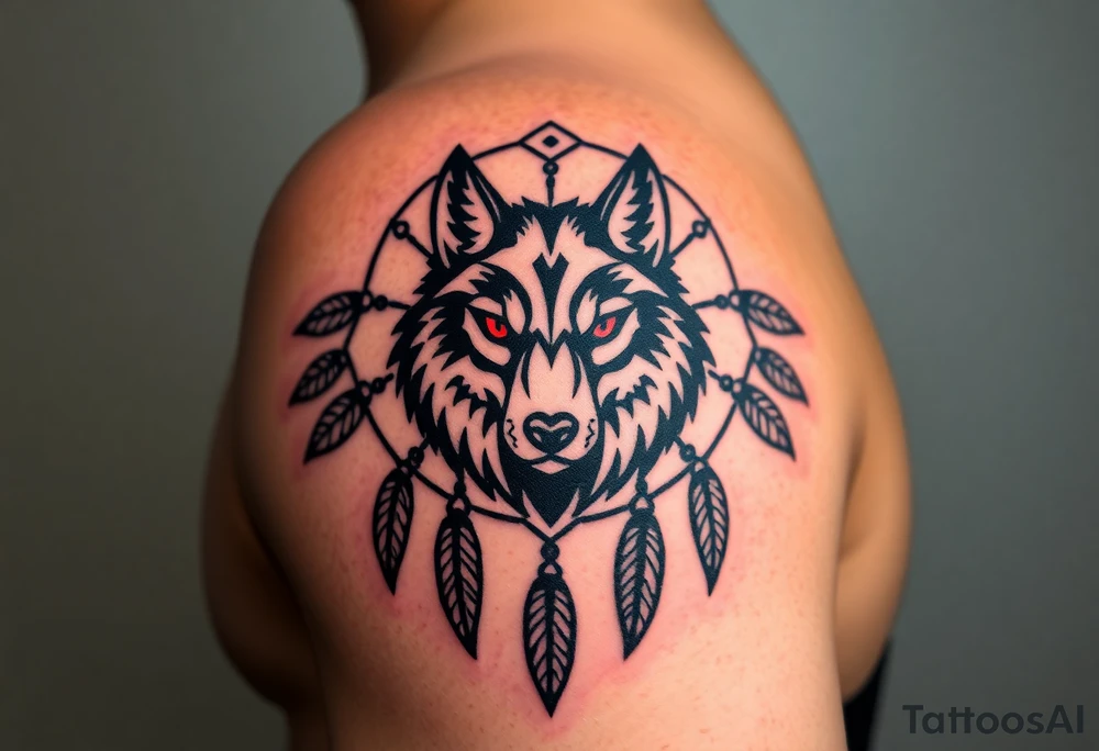 A symmetrical tribal wolf head inside a dreamcatcher, with feather patterns forming geometric shapes around it. The design is rendered in black ink with accents of red for the eyes and white in the feathers tattoo idea
