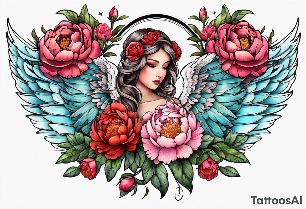 beautiful angel wings with floral peonies, roses, neon, brightly colored. highly detailed, tattoo idea