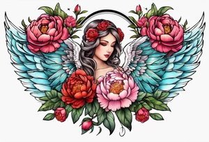 beautiful angel wings with floral peonies, roses, neon, brightly colored. highly detailed, tattoo idea