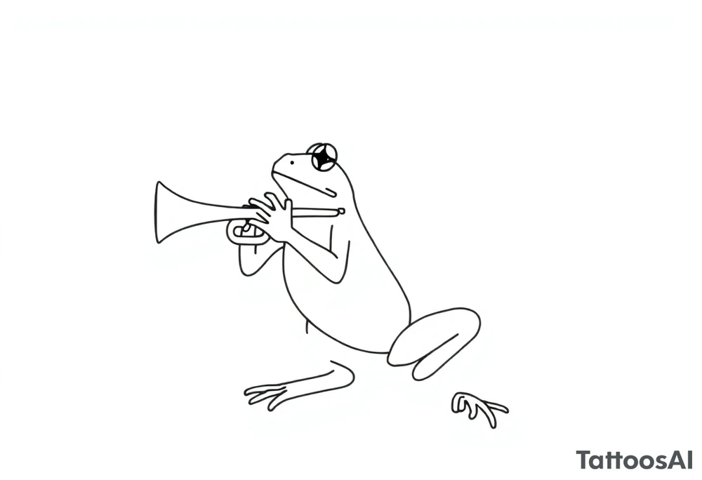 Draw a single continuous line drawing of a frog playing a trumpet, where the entire image is created using only one unbroken black line, with no lifting of the pen and no separate lines. The line must flow smoothly and clearly form the frog and trumpet , minimalist style. The frog should be , in a jazzy or playful pose, holding and playing the trumpet. No shading, no extra strokes, no background — just one elegant, fluid, uninterrupted line on a white canvas. tattoo idea
