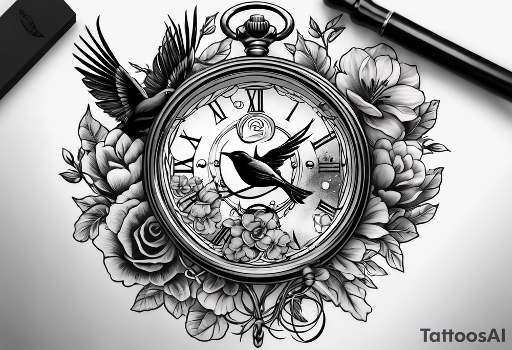 black and grey composition of three elements, 1), combination old school pocket watch and nautical compass, 2) a tree of life and 3) a doctor bird, connected together by lignum vitae flowers, on the arm 3/4 sleeve tattoo idea