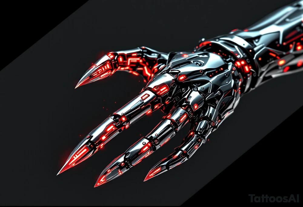 A chrome-plated robotic hand clutching a gleaming silver scythe with glowing red circuitry running up its fingers. tattoo idea