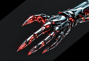 A chrome-plated robotic hand clutching a gleaming silver scythe with glowing red circuitry running up its fingers. tattoo idea