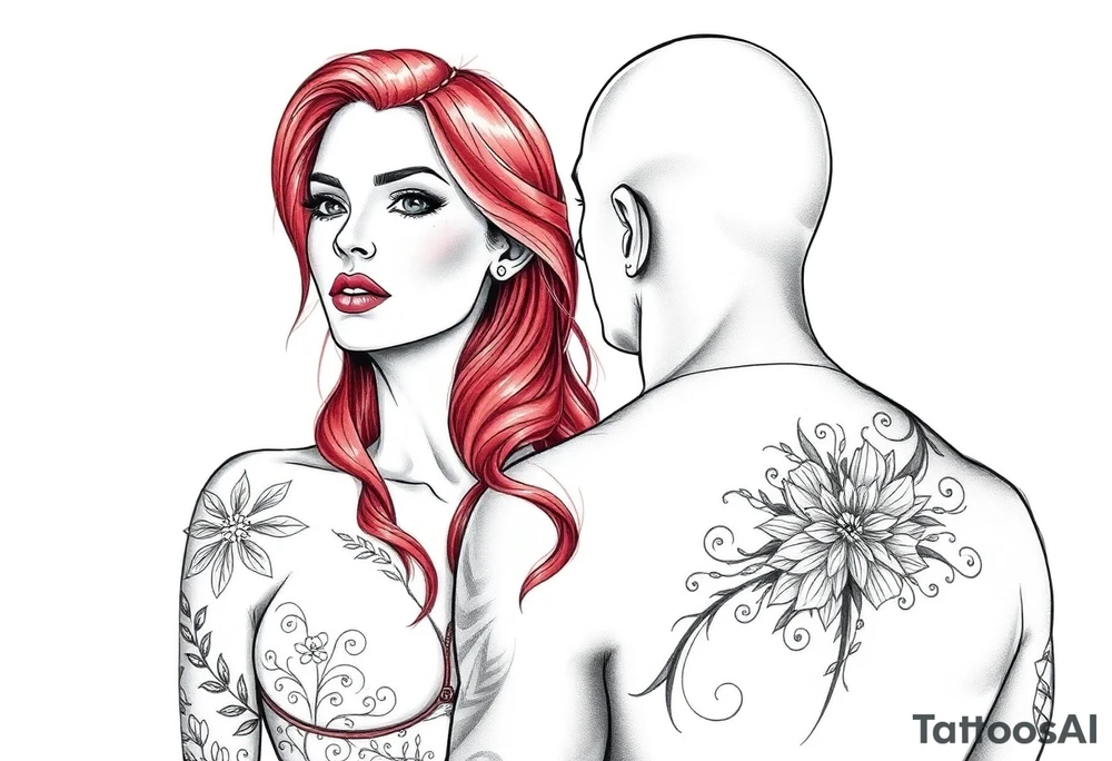 Woman with long red hair and red lipstick with lots of tattoos with  a bald muscular white man with tattoos getting married tattoo idea