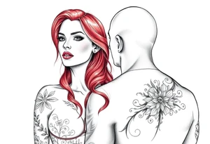 Woman with long red hair and red lipstick with lots of tattoos with  a bald muscular white man with tattoos getting married tattoo idea