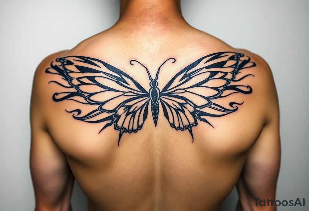 ethereal butterfly with flowing silk ribbons in moonlight tattoo idea