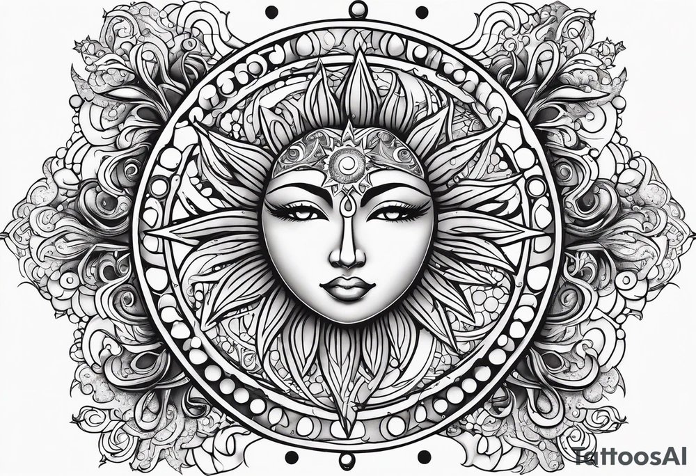Feminine alien Sun and moon. Freeform rectangular sternum swirls with dots and stars tattoo idea