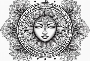 Feminine alien Sun and moon. Freeform rectangular sternum swirls with dots and stars tattoo idea
