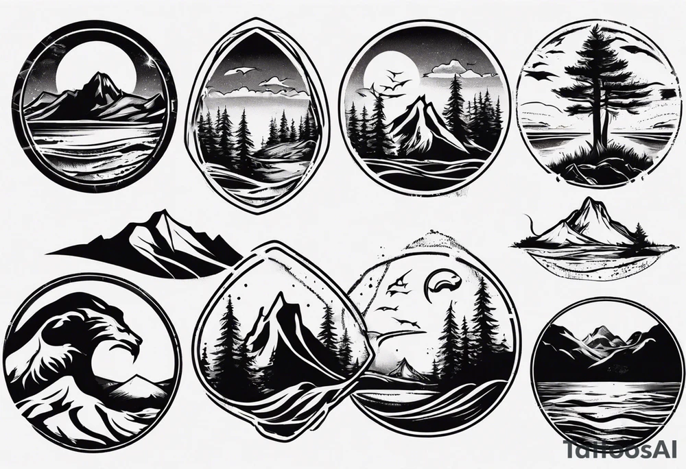 forearm tattoo with mountains, beach, waves, sunset, camping, trees tattoo idea